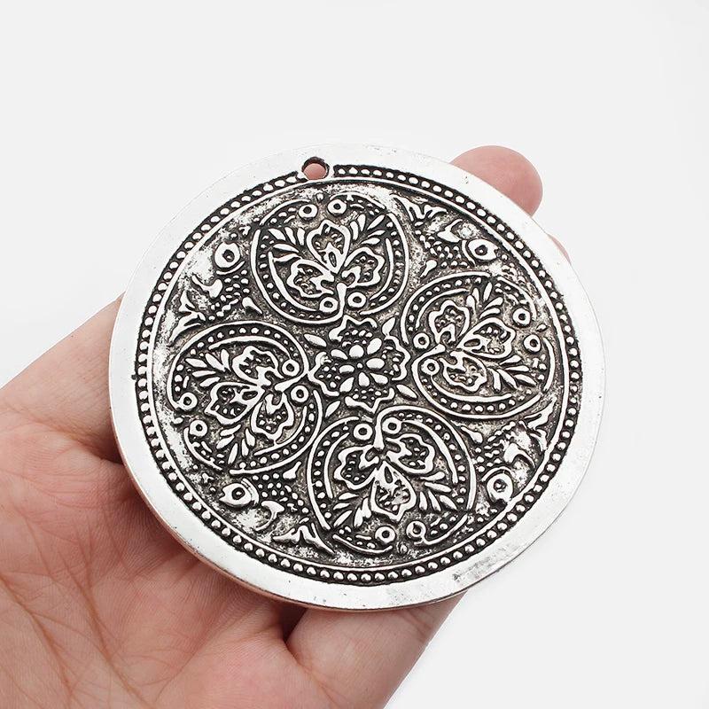 Large Boho Antique Carve Flower Round Charm Pendant for DIY Necklace 68mm