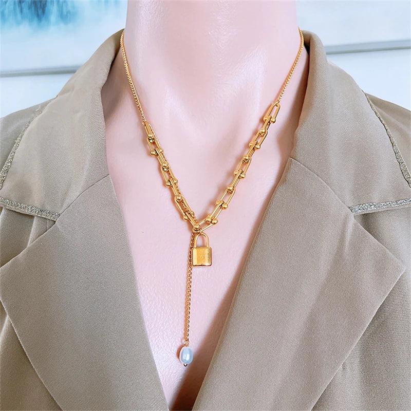 316L Steel Pearl Choker Necklace with Tassel Charms