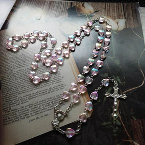 Pink Love Heart Rosary Beads Necklace Virgin Mary Christ Jesus Cross Pendant