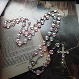 Pink Love Heart Rosary Beads Necklace Virgin Mary Christ Jesus Cross Pendant