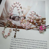 Pink Love Heart Rosary Beads Necklace Virgin Mary Christ Jesus Cross Pendant