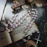 Pink Love Heart Rosary Beads Necklace Virgin Mary Christ Jesus Cross Pendant