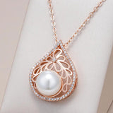 Kinel Pearl Pendant Necklace 585 Rose With Zircon Charm Wedding Jewelry