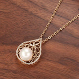 Kinel Pearl Pendant Necklace 585 Rose With Zircon Charm Wedding Jewelry