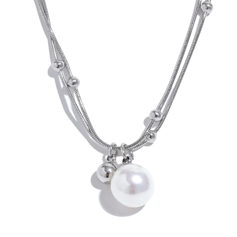 Stainless Steel Pearl Beads Chain Pendant Necklace Silver Jewelry
