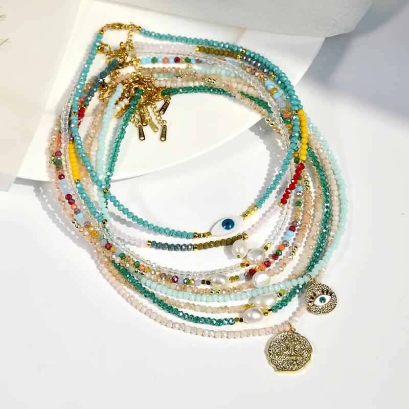 Evil Eye Pearl Pendant Necklace Bohemia Crystal Glass Beads Choker Jewelry