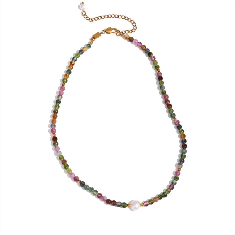 Multi Tourmaline Stone Pearl Necklace Stainless Steel Jewelry