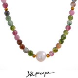 Multi Tourmaline Stone Pearl Necklace Stainless Steel Jewelry