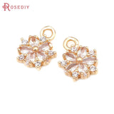 6PCS 18K Brass Zircon Flower Charms Pendants High Jewelry Making