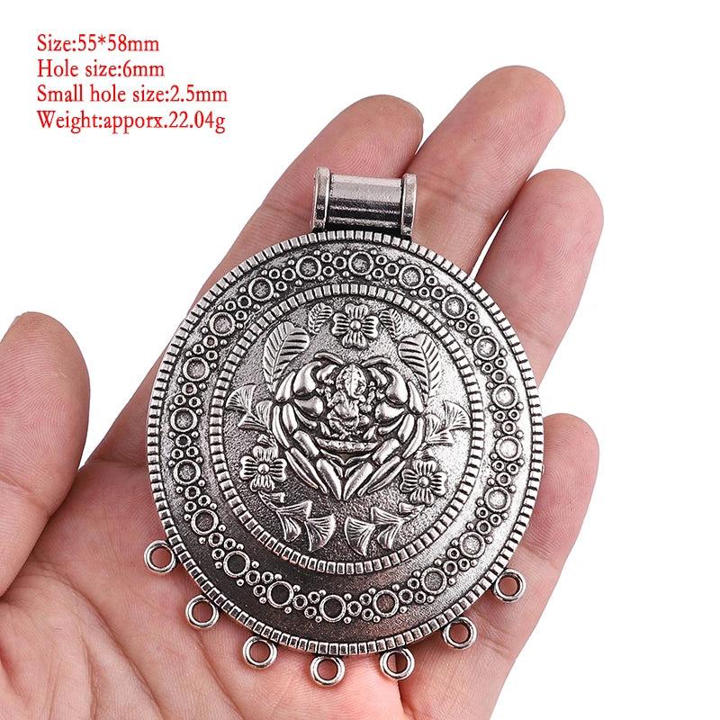 2Pcs Tibetan Silver Large Boho Flower Medallion Circles Charms Pendants