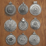 2Pcs Tibetan Silver Large Boho Flower Medallion Circles Charms Pendants