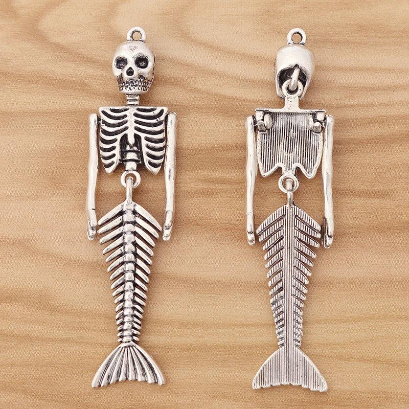 5 Tibetan Silver Large Mermaid Skeleton Skull Charms Pendants 73x18mm