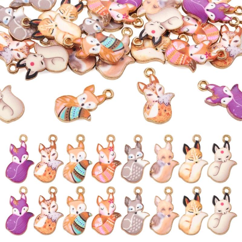 32Pcs Fox Charms Painted Alloy Animal Metal Pendants Mixed For Jewelry Making
