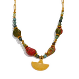 Green Stone Beads Pendant Necklace Stainless Steel Jewelry