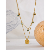 Stainless Steel Moon Pendant Necklace Green Stone Beads Chain Jewelry