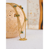 Stainless Steel Moon Pendant Necklace Green Stone Beads Chain Jewelry