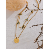 Stainless Steel Moon Pendant Necklace Green Stone Beads Chain Jewelry