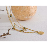 Stainless Steel Moon Pendant Necklace Green Stone Beads Chain Jewelry