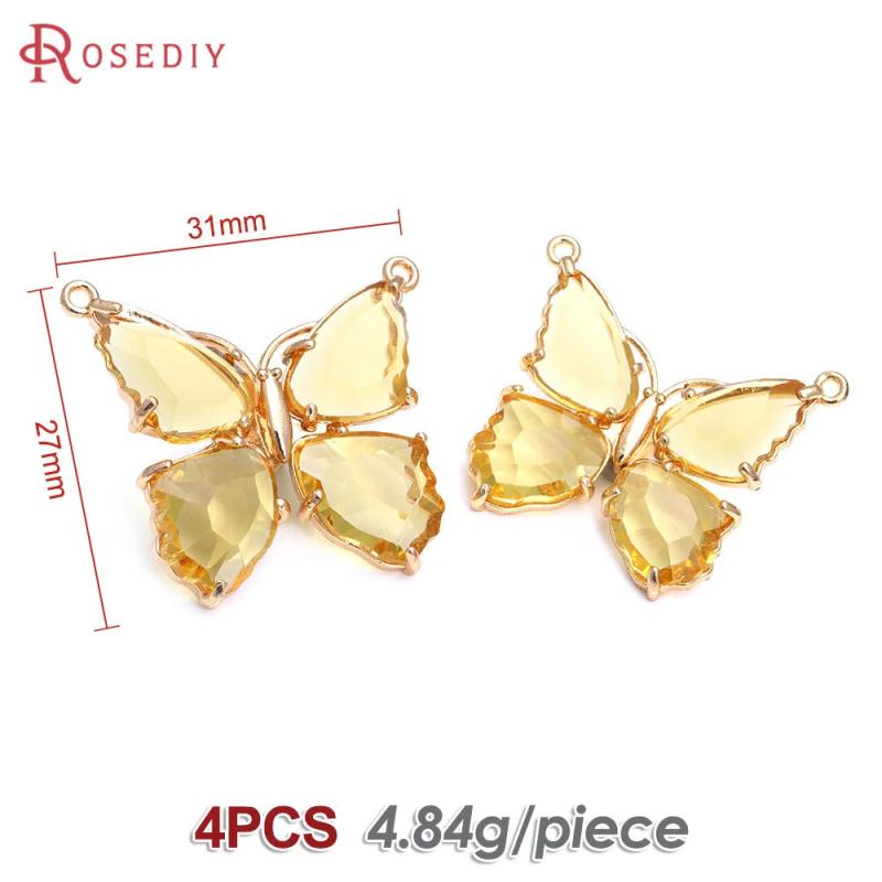 4PCS High Champagne Brass Glass Butterfly Charms Pendants Jewelry DIY