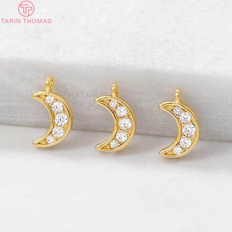 6PCS 5x9MM Moon Charms Pendants 24K Plated Brass Zircon DIY Jewelry