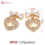 6PCS 18K Brass Zircon Heart Crown Bow Charms Pendants Jewelry Making