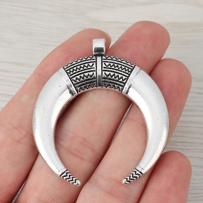 Tibetan Silver Large Moon Double Horn Charms Pendants 50x46mm