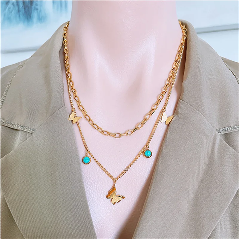 316L Steel Eye Butterfly Tree Charm Choker Necklace for Women