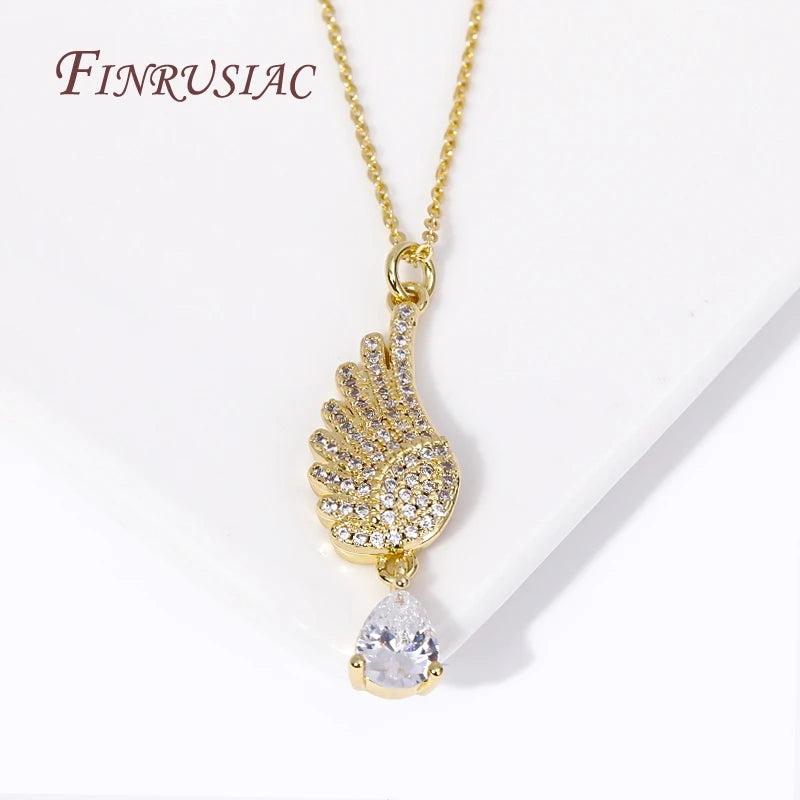Angel Wings Charms Necklace 18K Thin Chain Water Drop Pendants Jewelry