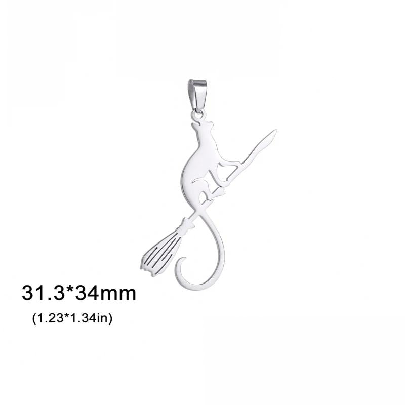 Magic Broom Witch's Cat Stainless Steel Pendant Necklace Women Animal Charms