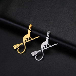 Magic Broom Witch's Cat Stainless Steel Pendant Necklace Women Animal Charms