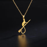 Magic Broom Witch's Cat Stainless Steel Pendant Necklace Women Animal Charms