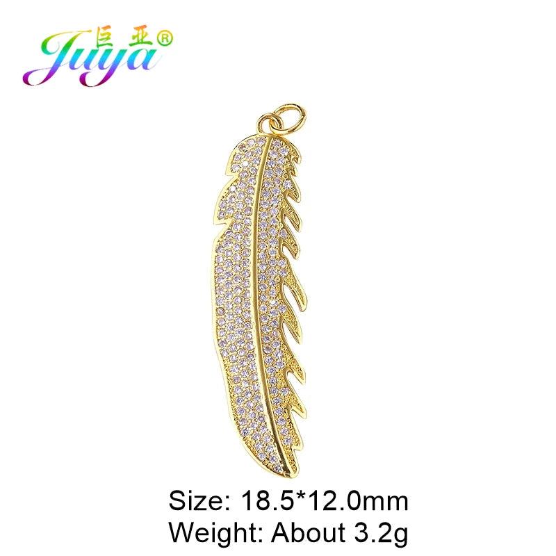 Micro Pave Zircon Feather Charm Pendants for Jewelry Making