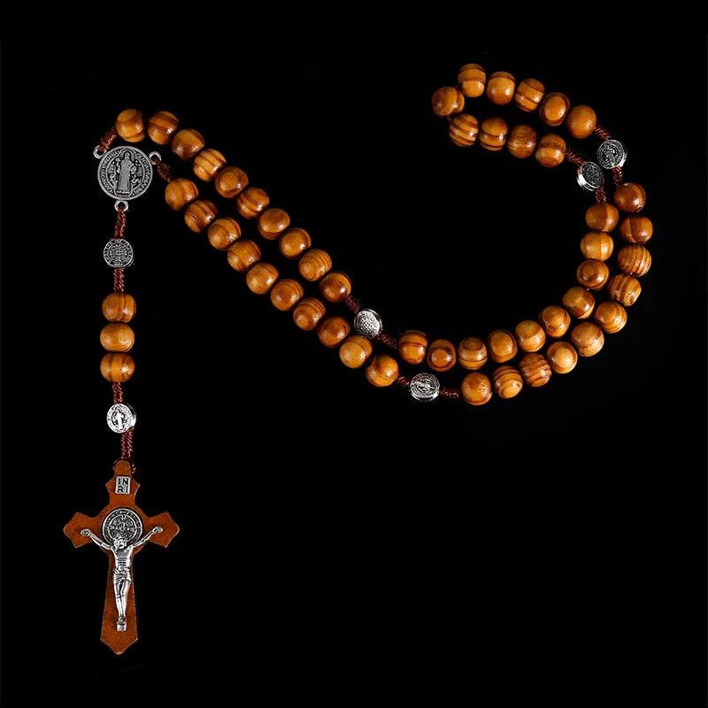 Christian Wood Beads Rosary Cross Necklace Virgin Mary Pendant Long Chain