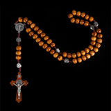 Christian Wood Beads Rosary Cross Necklace Virgin Mary Pendant Long Chain