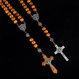 Christian Wood Beads Rosary Cross Necklace Virgin Mary Pendant Long Chain