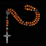 Christian Wood Beads Rosary Cross Necklace Virgin Mary Pendant Long Chain