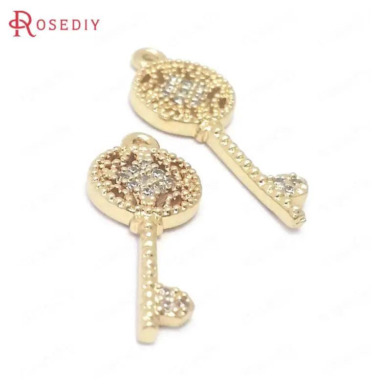 6PCS Champagne Brass Zircon Key Charms Pendants DIY Jewelry Making