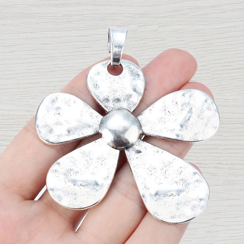 3 Tibetan Silver Large Flower Charms Pendants For Necklace Making 68x60mm