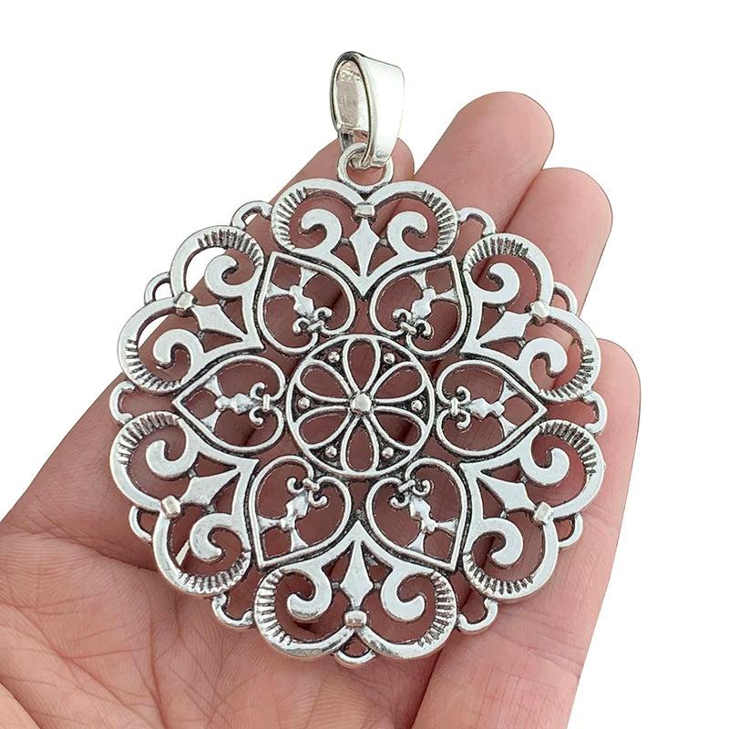 Tibetan Silver Swirls Lace Hearts Flower Charms Pendants Hollow Open 68x62mm