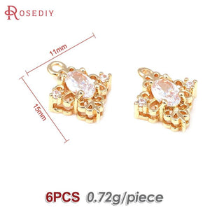 6PCS 18K Brass Zircon Rhombus Charms Pendants DIY Jewelry Making Supplies