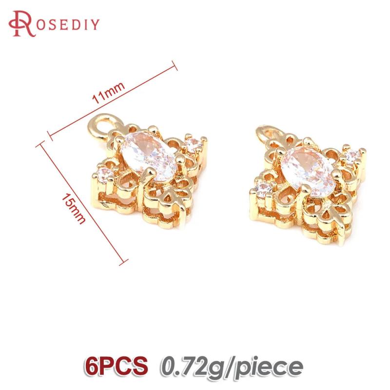 6PCS 18K Brass Zircon Rhombus Charms Pendants DIY Jewelry Making Supplies