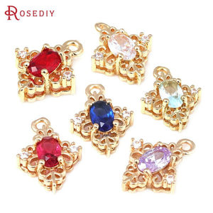 6PCS 18K Brass Zircon Rhombus Charms Pendants DIY Jewelry Making Supplies