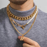 Chunky Chain Lock Pendant Necklace Men Asymmetry Beads Chains Jewelry