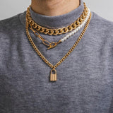 Chunky Chain Lock Pendant Necklace Men Asymmetry Beads Chains Jewelry