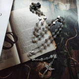 Diyalo Jesus Cross Pendant Necklace Retro Grey Rosary Beads Chain