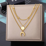 Crescent Moon Beads Multilayer Chain Necklace Stainless Steel Collar