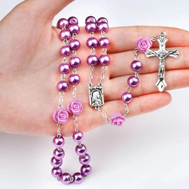Catholic Purple Glass Beads Rosary Necklace for Women