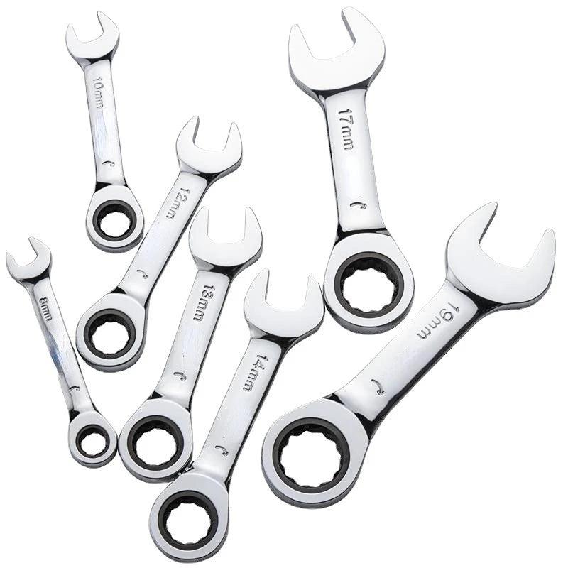 6-19mm Reversible Stubby Combo Wrench Ratchet Socket Spanner Nut Tool