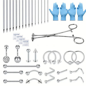 38 Pcs Body Piercing Kit with Needles & Jewelry for Ear Lip Belly Tongue