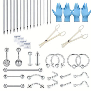 38 Pcs Body Piercing Kit with Needles & Jewelry for Ear Lip Belly Tongue